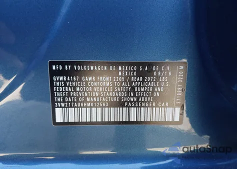 2017 Volkswagen Golf Tsi S 4-Door/Tsi Se 4-Door/Tsi Sel 4-Door/Tsi Wolfsburg Edition 4-Door z USA, uszkodzony, nr VIN 3VW217AU6HM012563